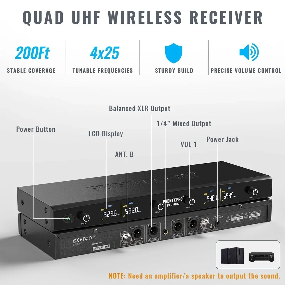 Phenyx Pro PTU-5200 4-Channel UHF Wireless Microphone System Bodypack Headset